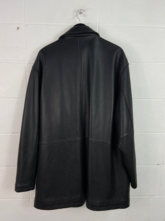 VTG Black Heavyweight Leather Overcoat Sz XXL