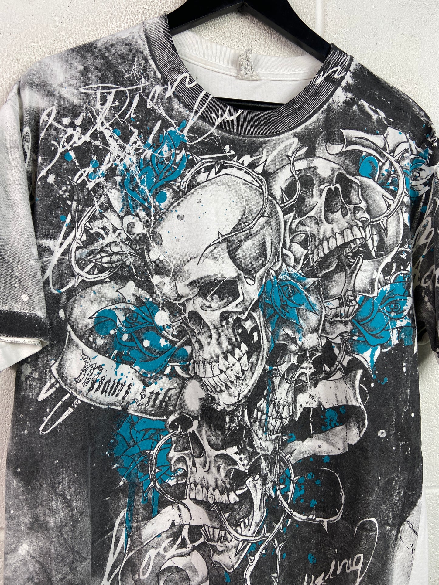 Y2K AOP Miami Ink Skulls & Roses Tee Sz L