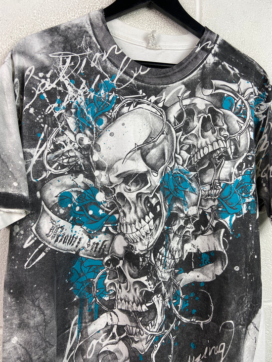 Y2K AOP Miami Ink Skulls & Roses Tee Sz L