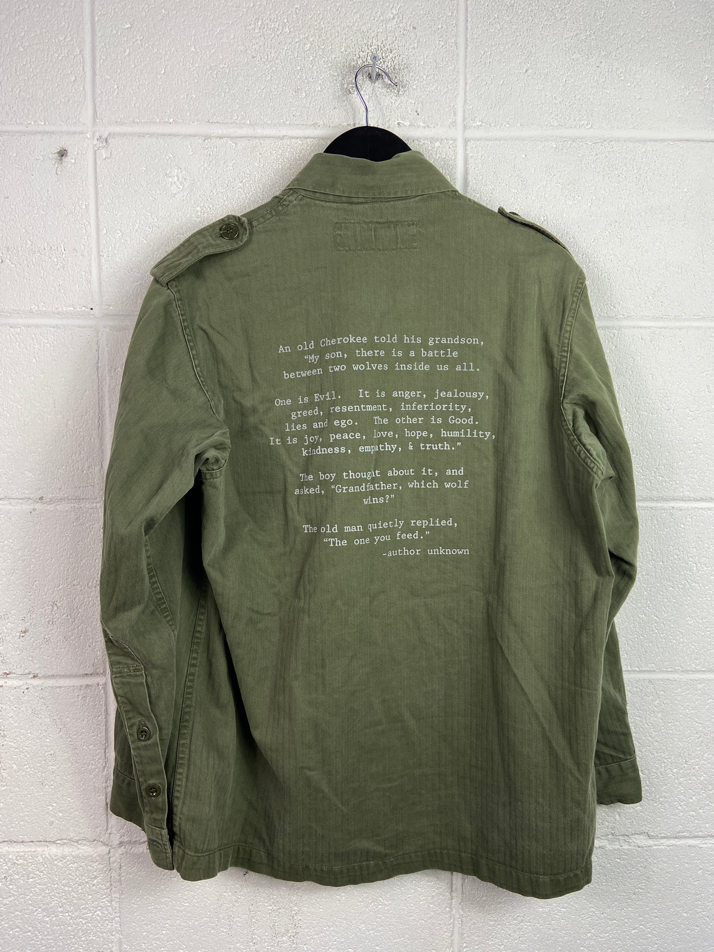 VTG Green Military Button Up Shirt Sz L