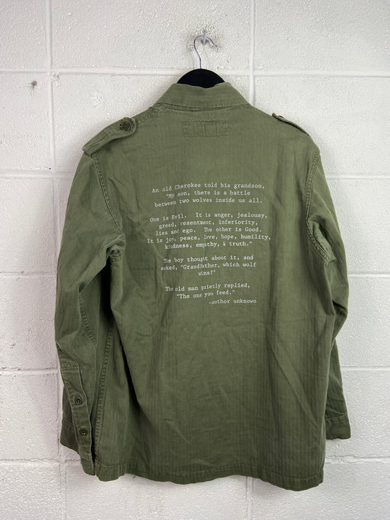 VTG Green Military Button Up Shirt Sz L