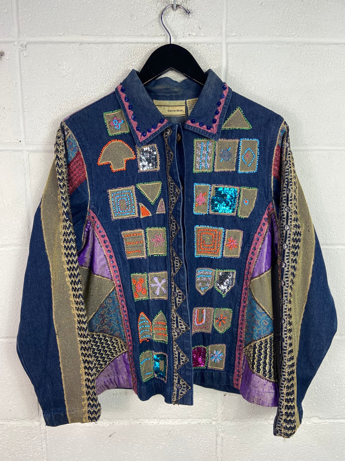 VTG Denim Button Up Beaded India Style Jacket Sz L