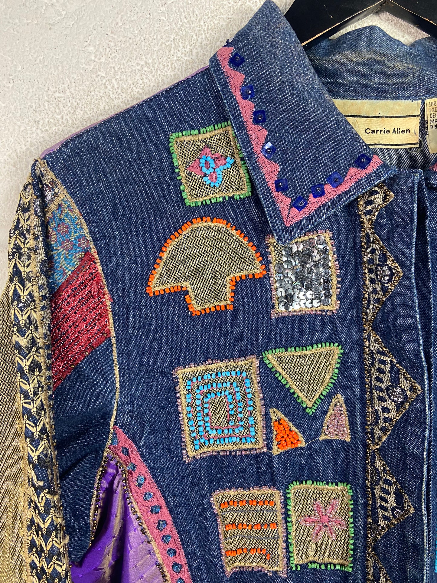 VTG Denim Button Up Beaded India Style Jacket Sz L