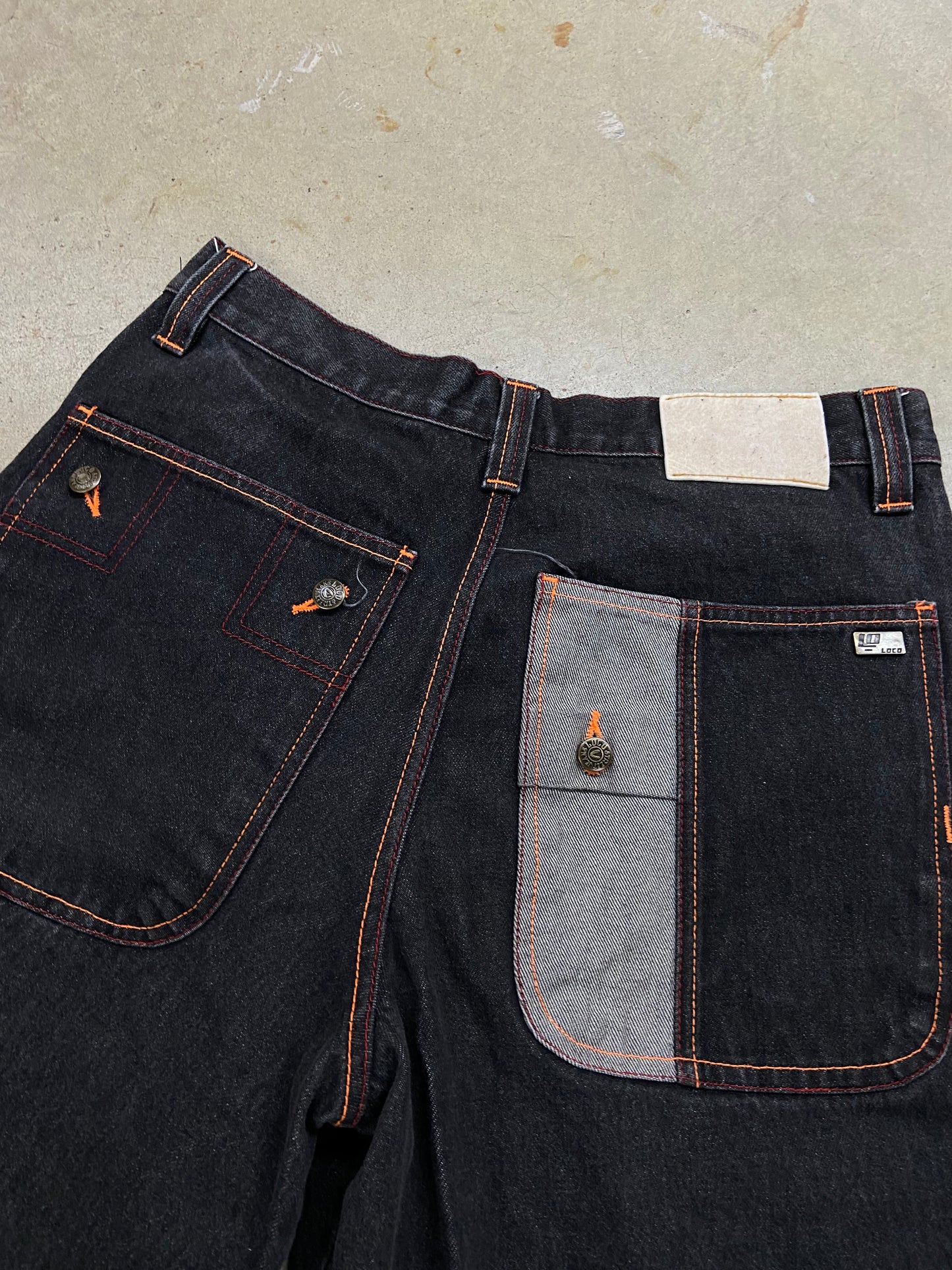 Y2K Loco Black/Orange Denim Jorts Sz 34