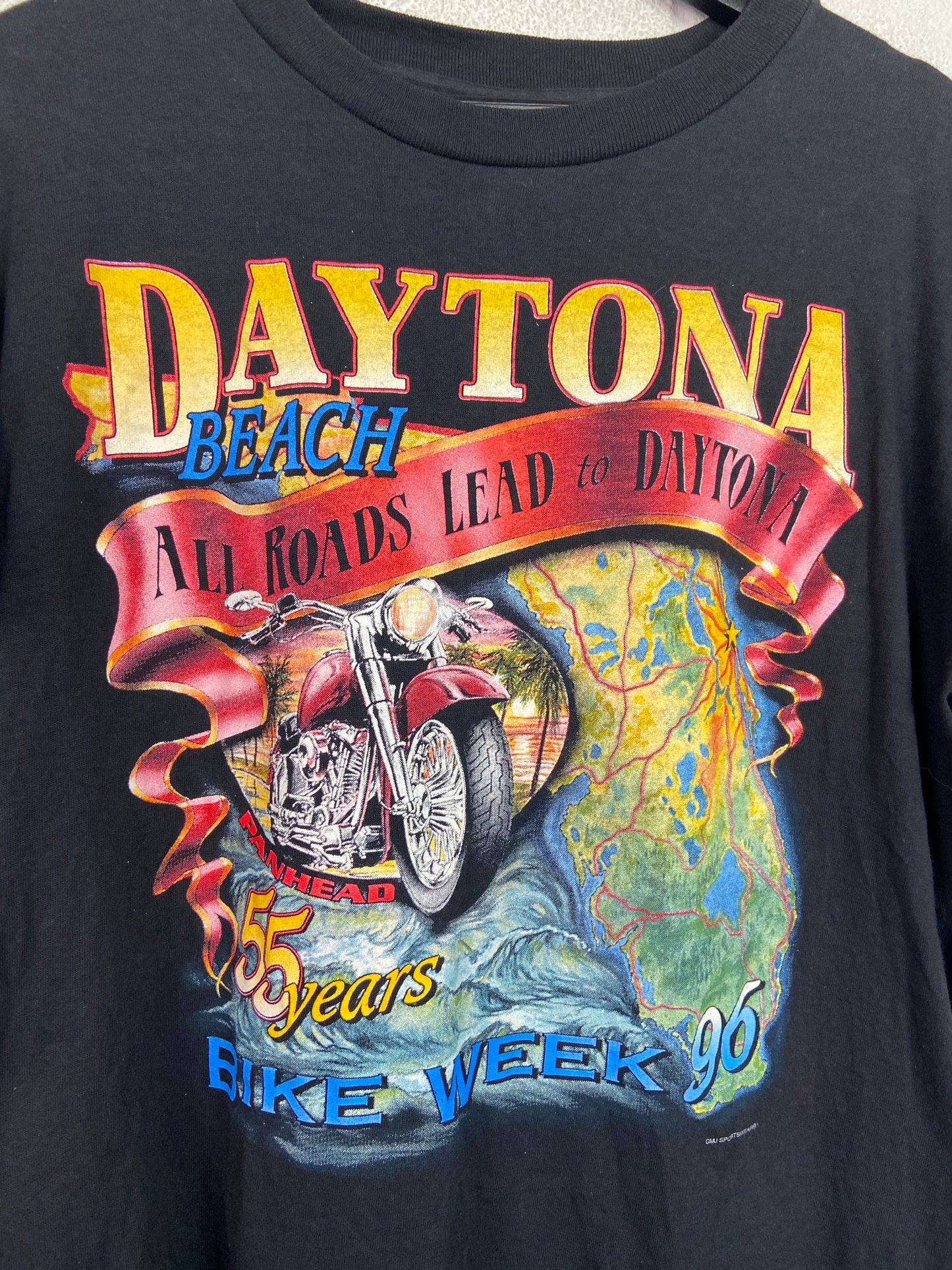 VTG 3D Emblem Road to Daytona Bleach Stain Bike Week '96 Tee Sz L