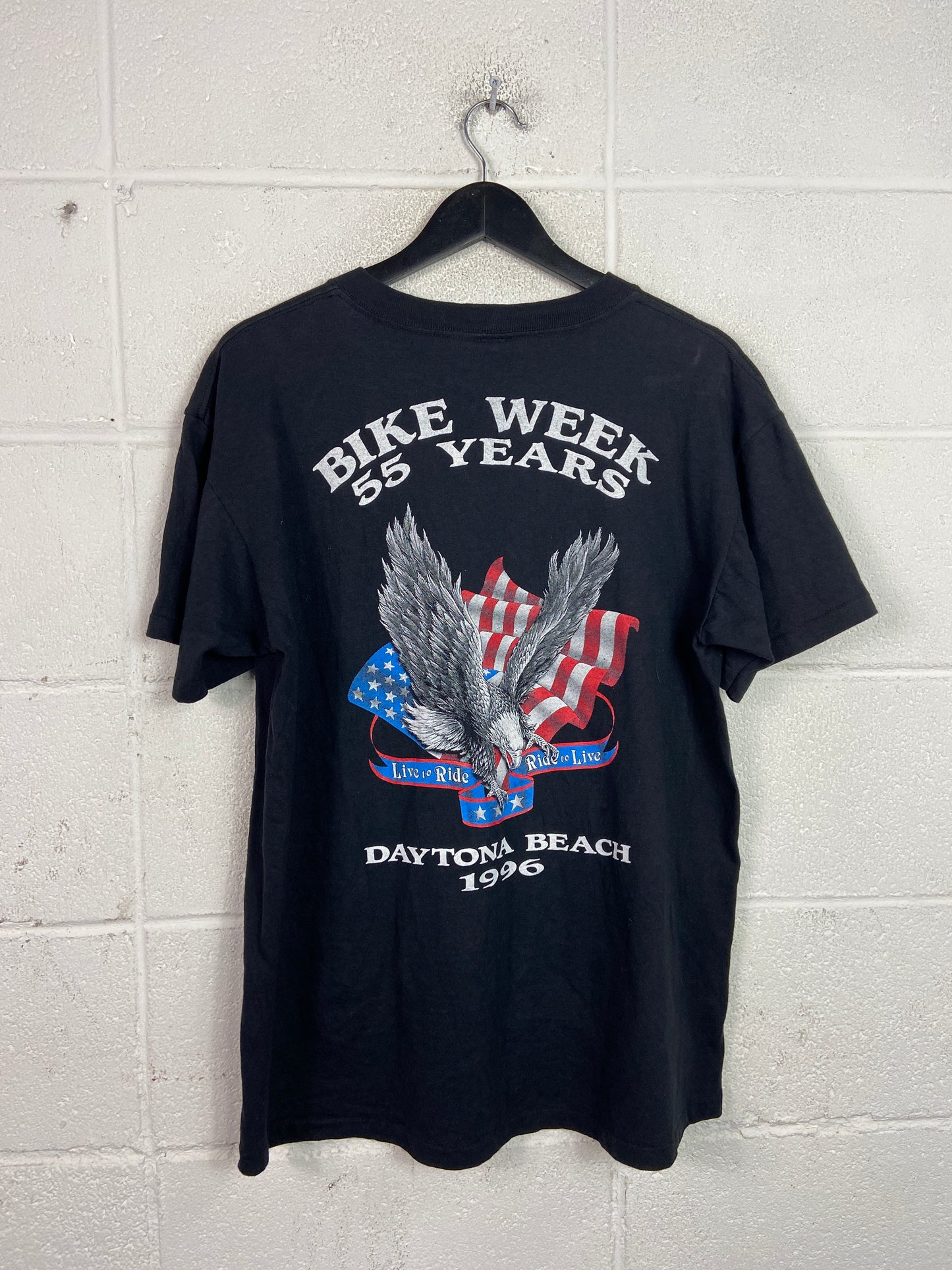 VTG 3D Emblem Road to Daytona Bleach Stain Bike Week '96 Tee Sz L