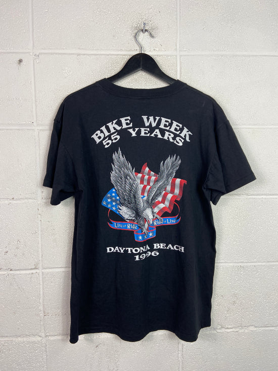 VTG 3D Emblem Road to Daytona Bleach Stain Bike Week '96 Tee Sz L