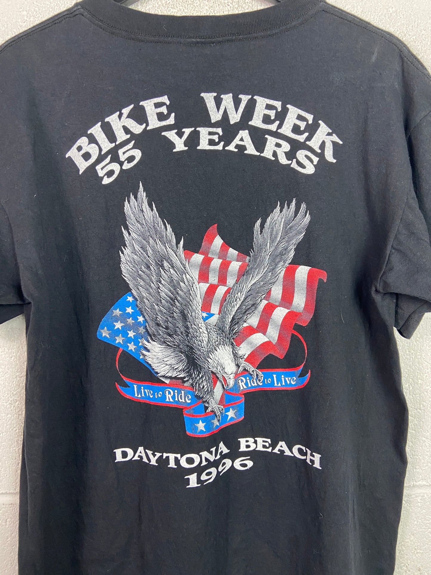 VTG 3D Emblem Road to Daytona Bleach Stain Bike Week '96 Tee Sz L