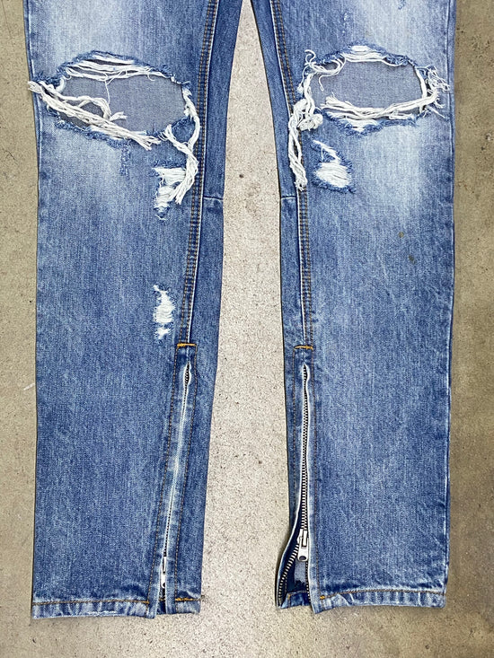 Preowned MNML Blue Denim Distressed Tapered Jeans Sz 36x33