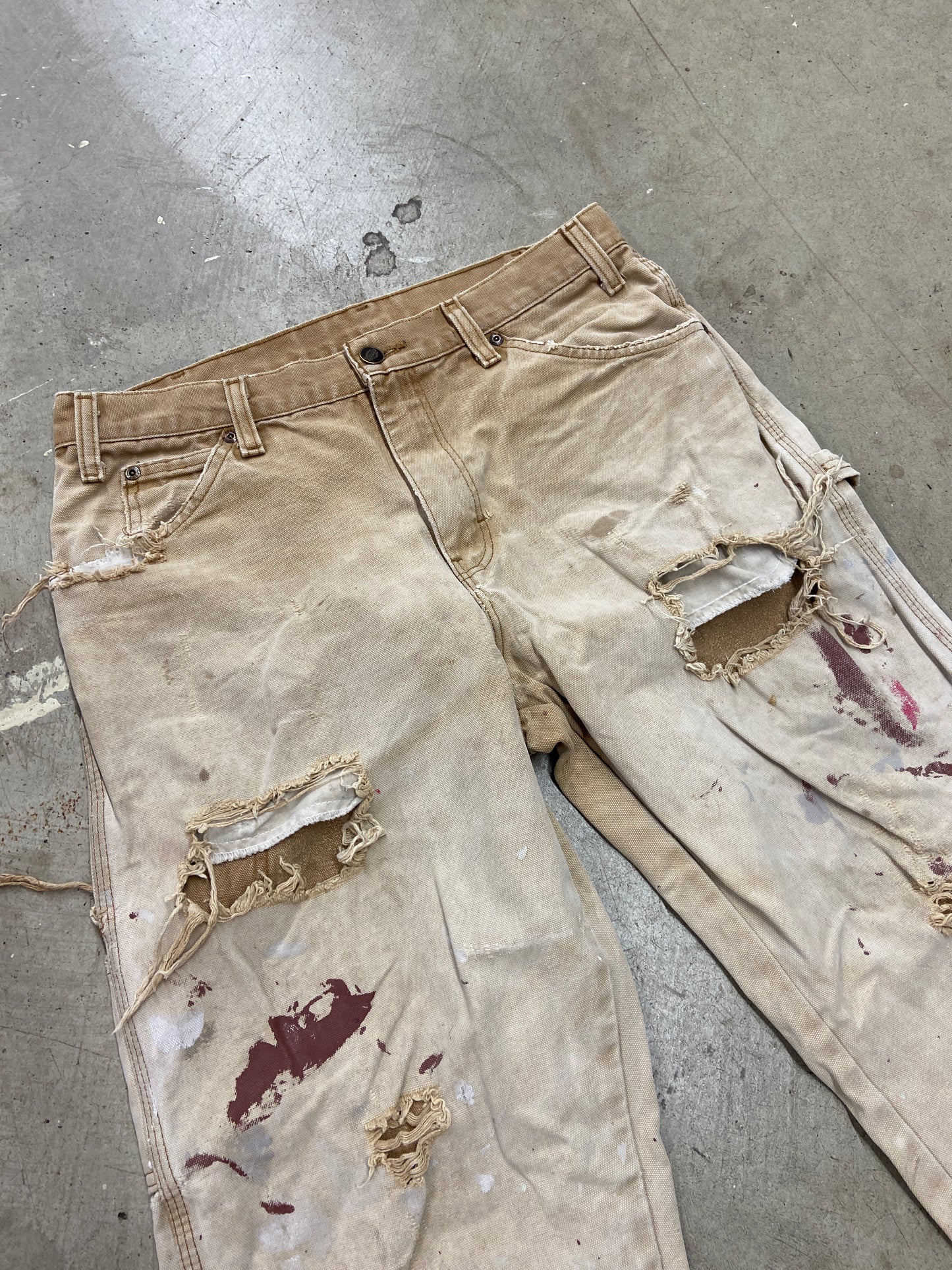 VTG Dickies Thrashed Tan Carpenter Pants Sz 32x32
