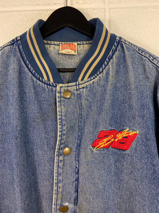 VTG Ernie Irvan #28 NASCAR Denim Nutmeg Varsity Jacket Sz XXL