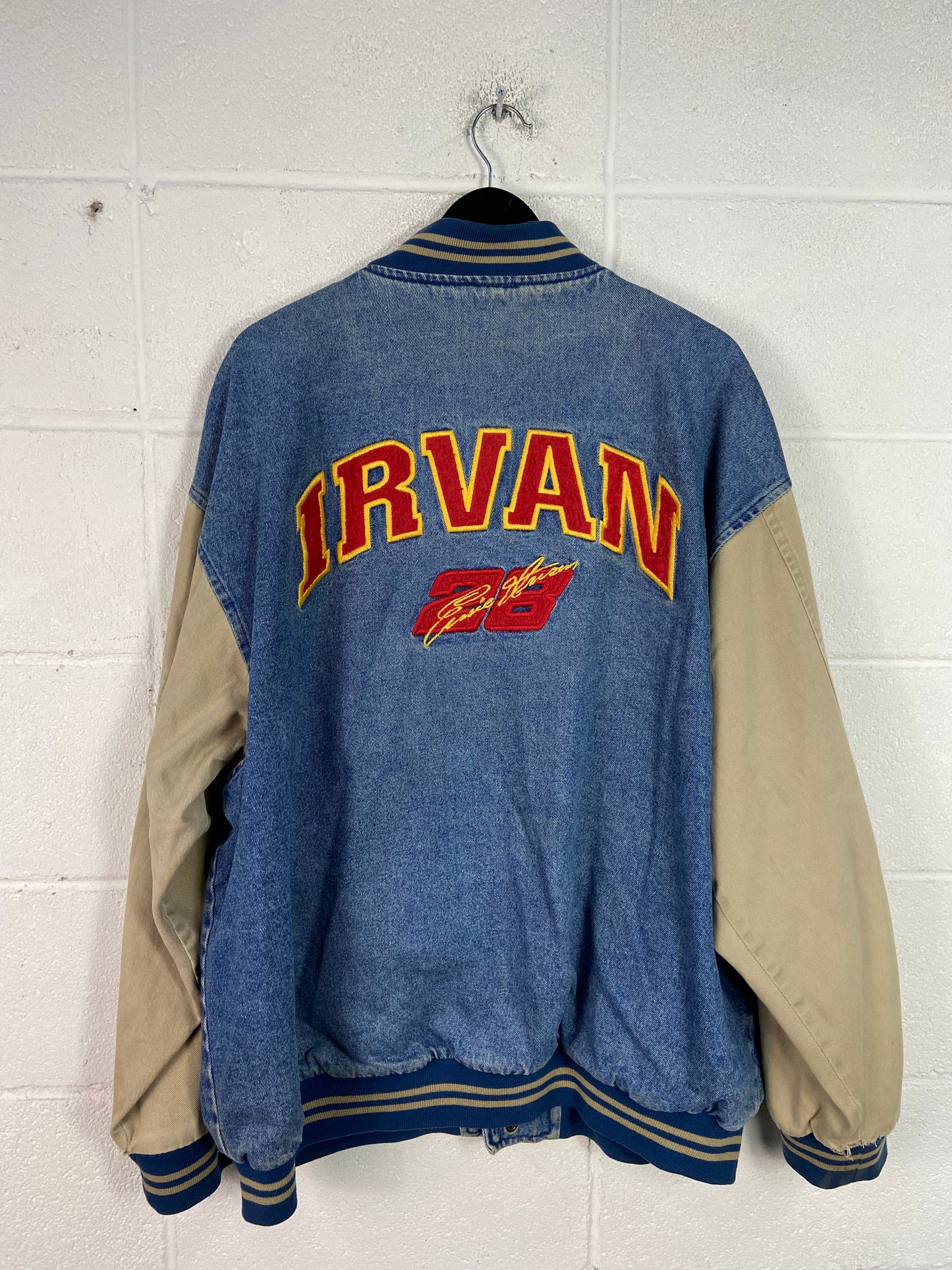 VTG Ernie Irvan #28 NASCAR Denim Nutmeg Varsity Jacket Sz XXL