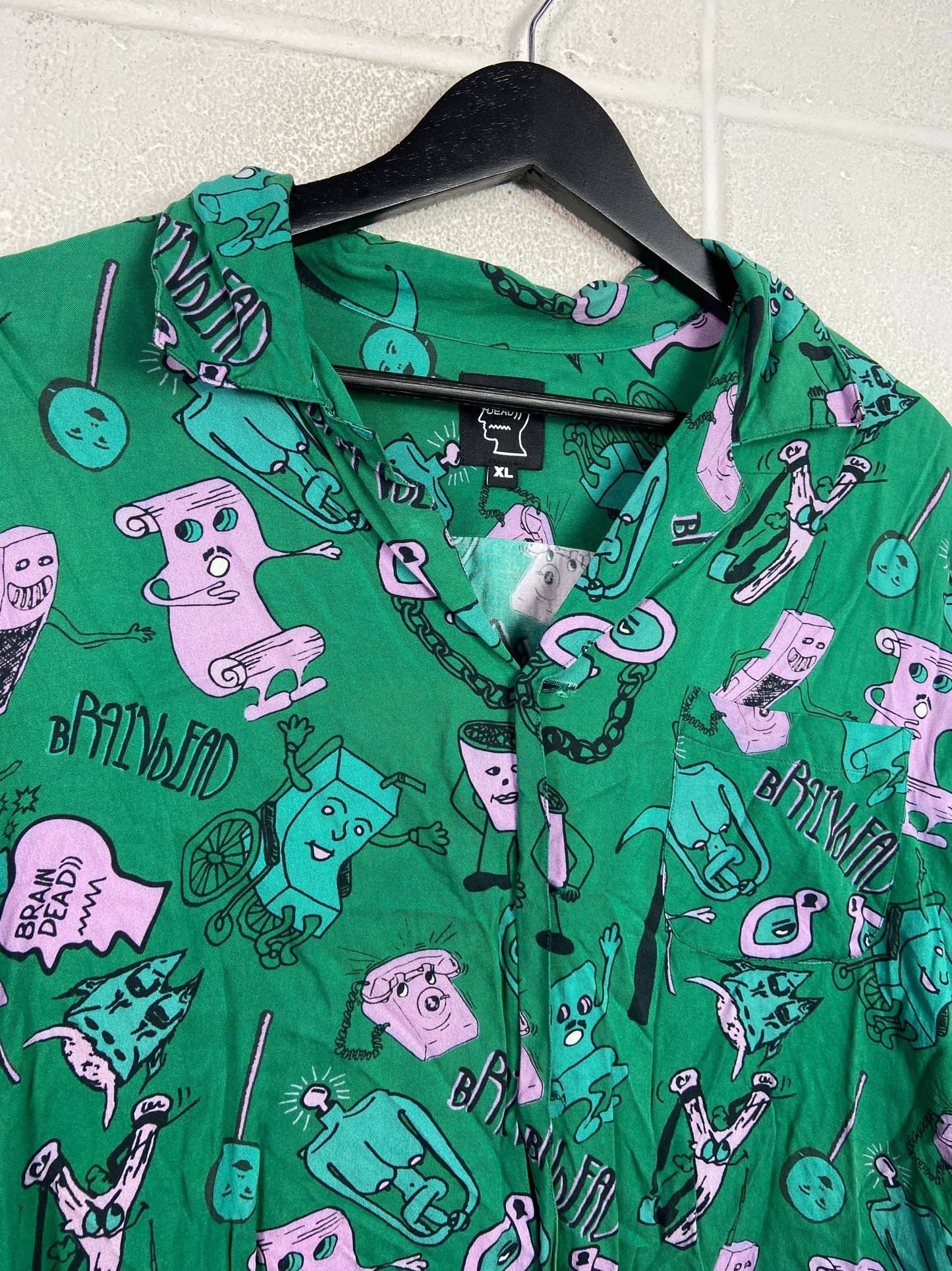 Brain Dead Caricatures Green Button Up Shirt Sz XL