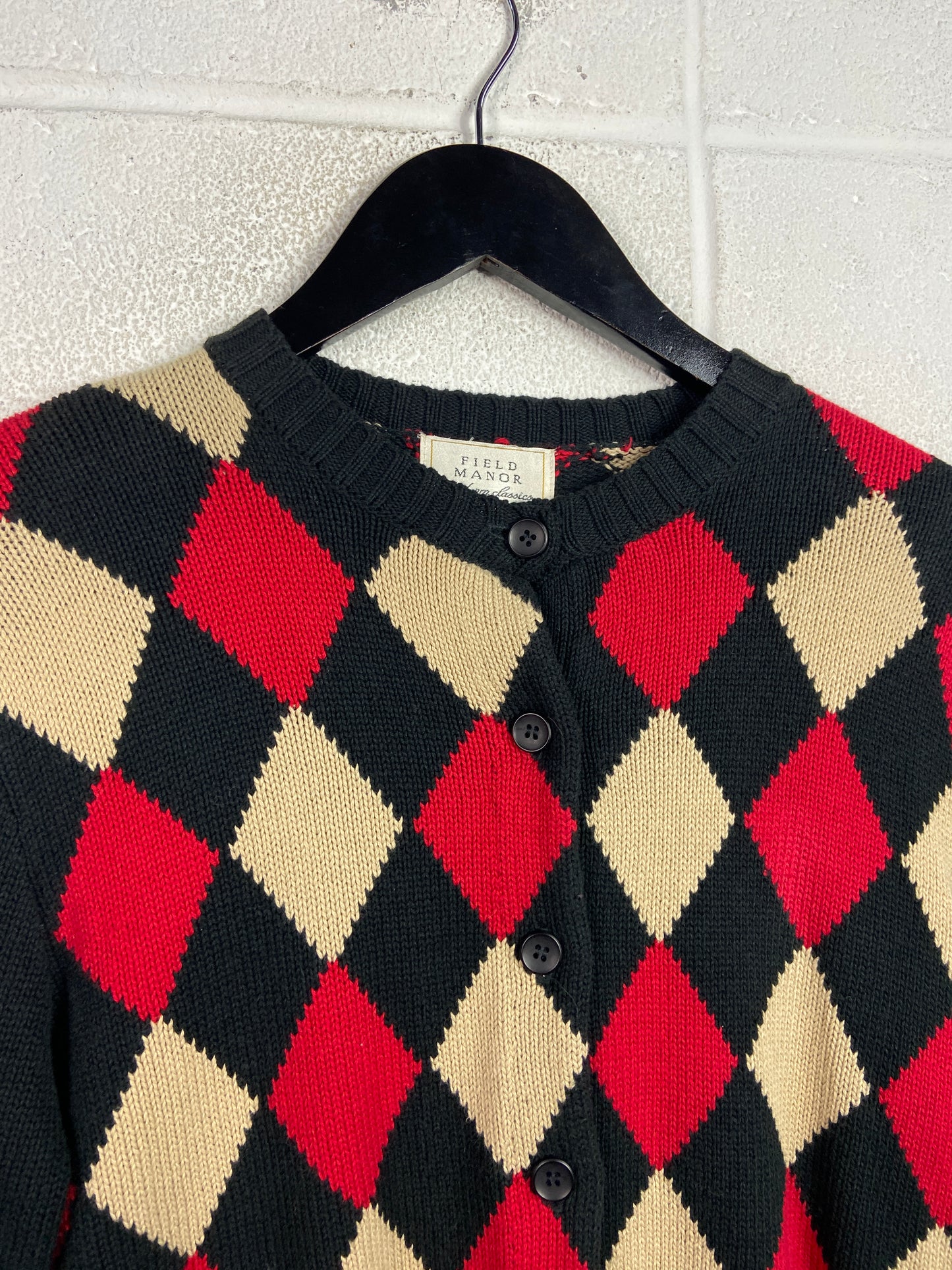 VTG Red/Black Diamond Woven Cardigan Sz Wmns S
