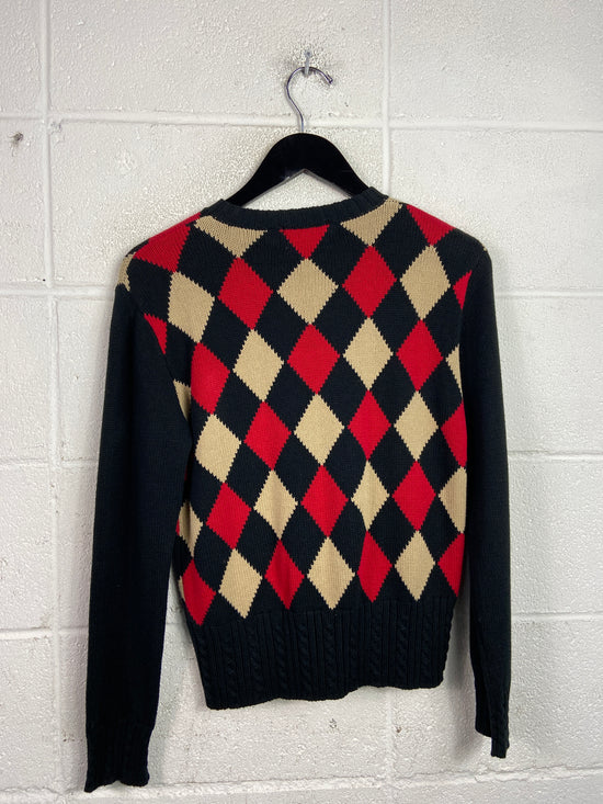 VTG Red/Black Diamond Woven Cardigan Sz Wmns S