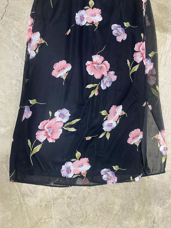 VTG Black/Pink Floral Flowy Long Skirt Sz 10