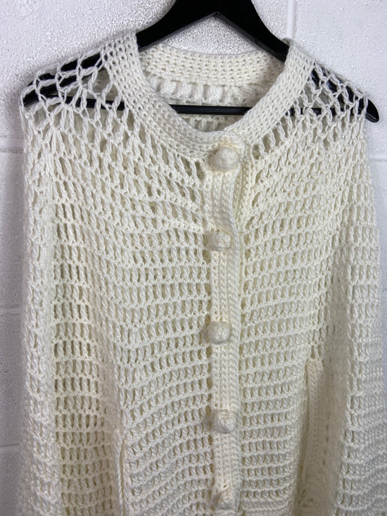 VTG White Crochet Fringe Poncho Sz Wmns L