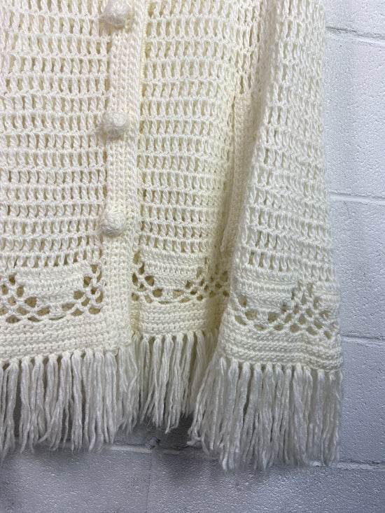 VTG White Crochet Fringe Poncho Sz Wmns L