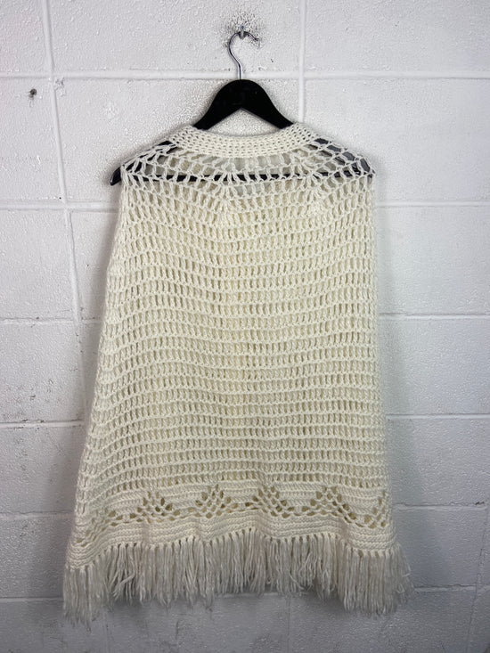 VTG White Crochet Fringe Poncho Sz Wmns L
