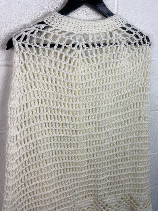 VTG White Crochet Fringe Poncho Sz Wmns L