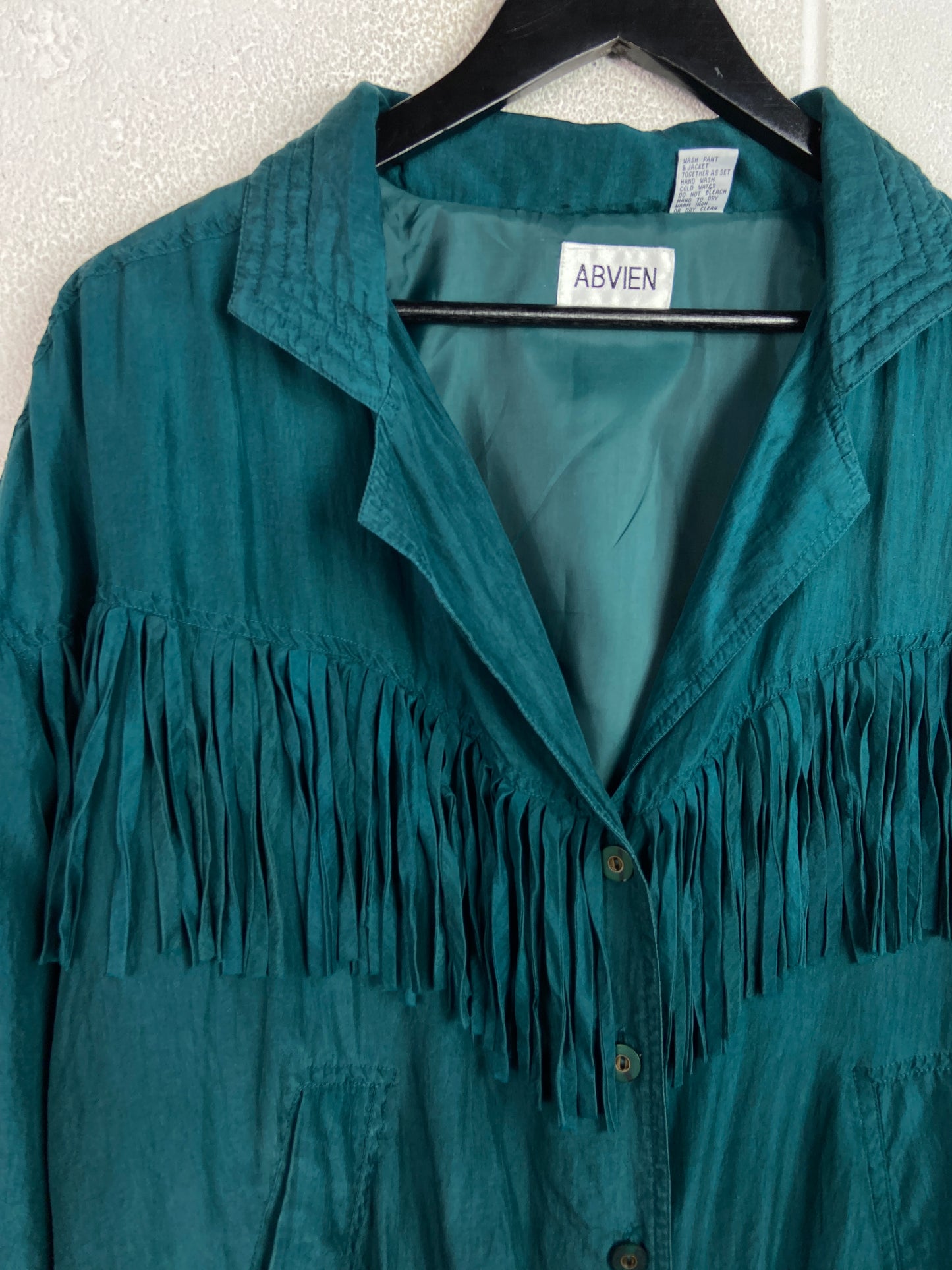 Y2K Green Silk Fringe Button Up Jacket Sz Wmns L