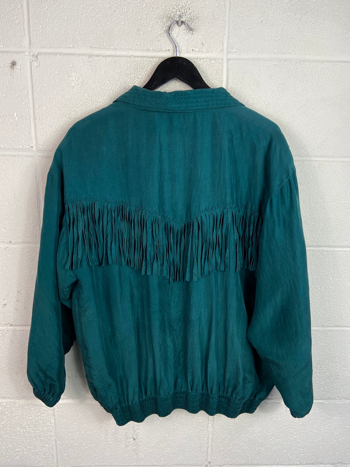 Y2K Green Silk Fringe Button Up Jacket Sz Wmns L