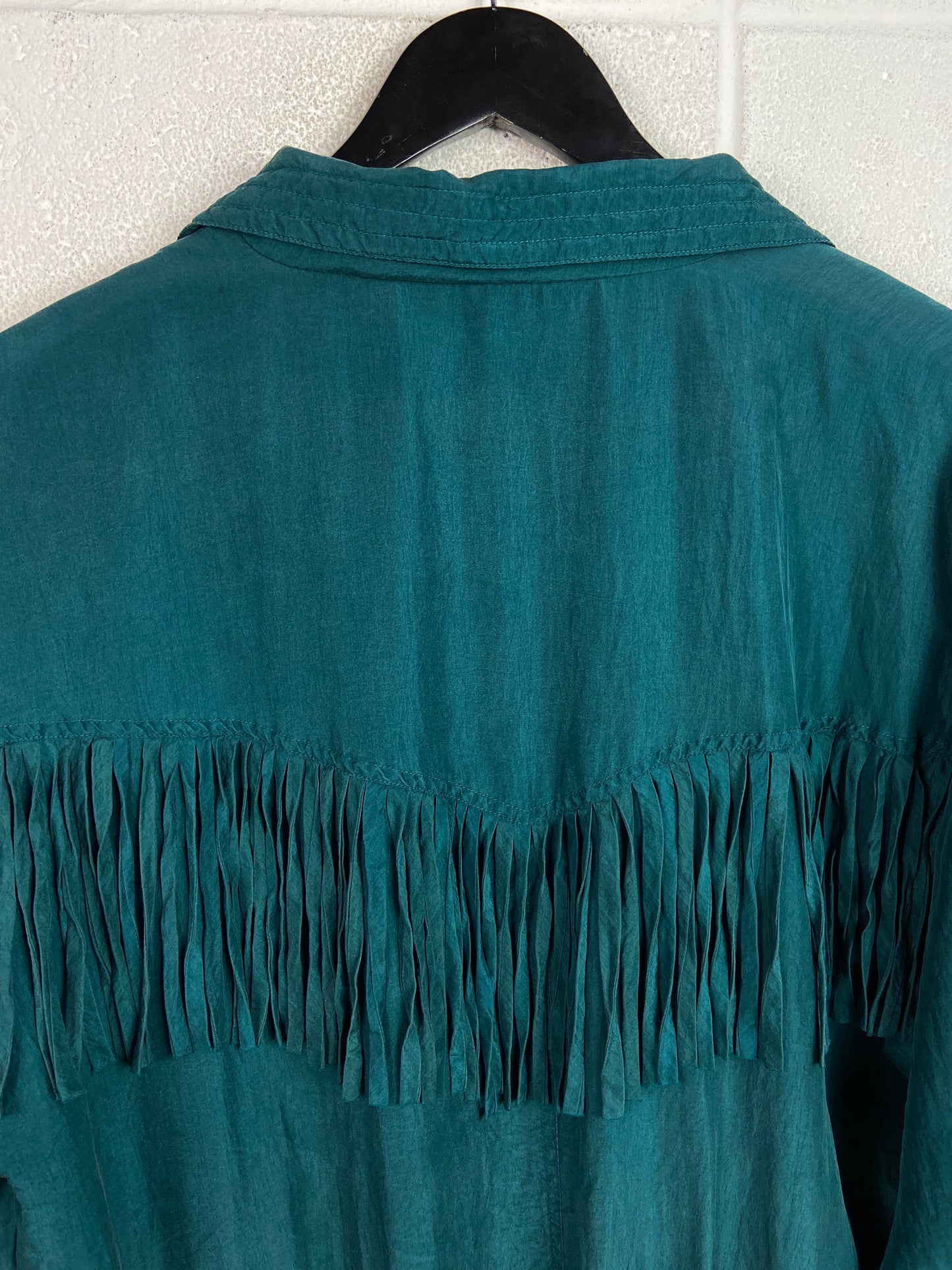 Y2K Green Silk Fringe Button Up Jacket Sz Wmns L