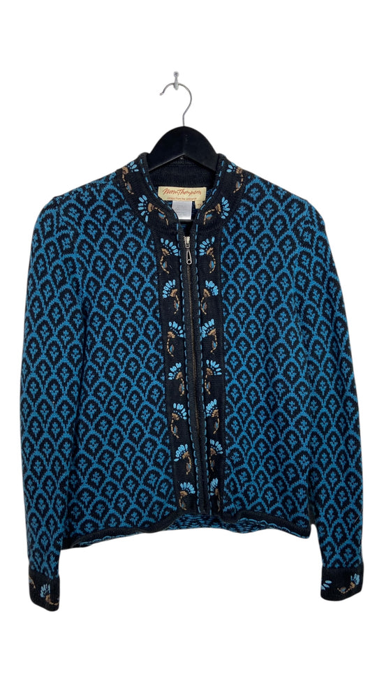 VTG Blue Floral Zip Up Woven Cardigan Sz S