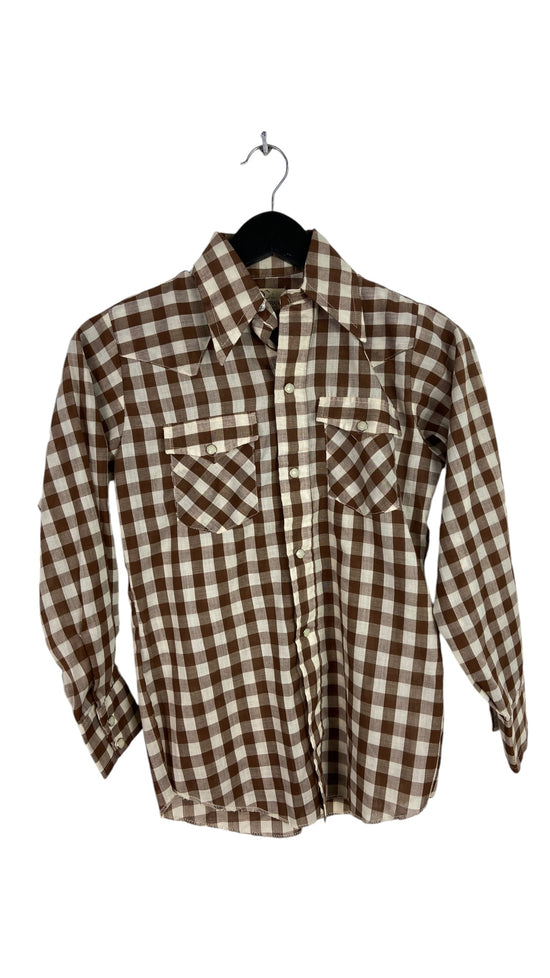 VTG Dee Cee Brand Brown Plaid Western Shirt Sz S