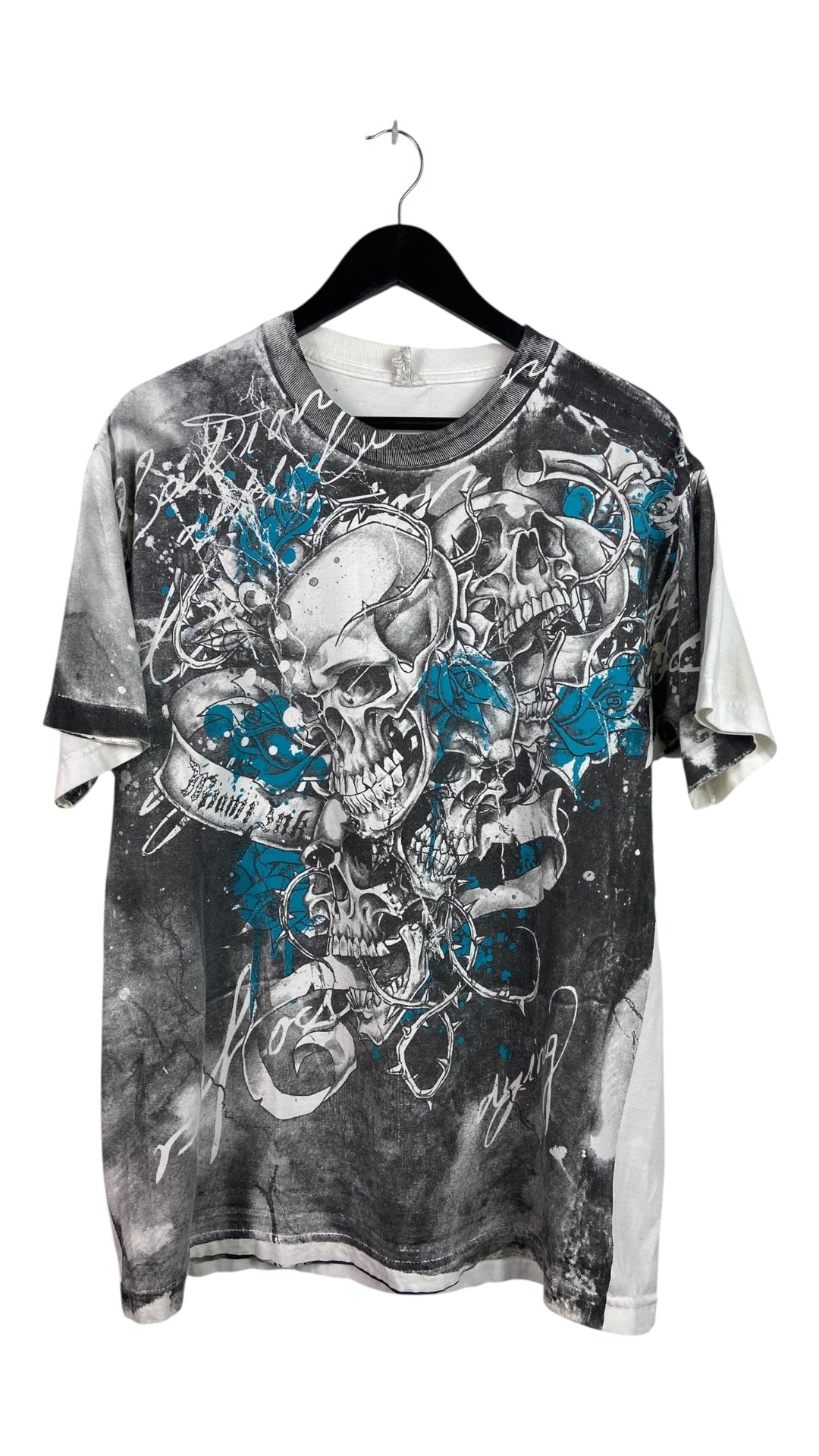 Y2K AOP Miami Ink Skulls & Roses Tee Sz L