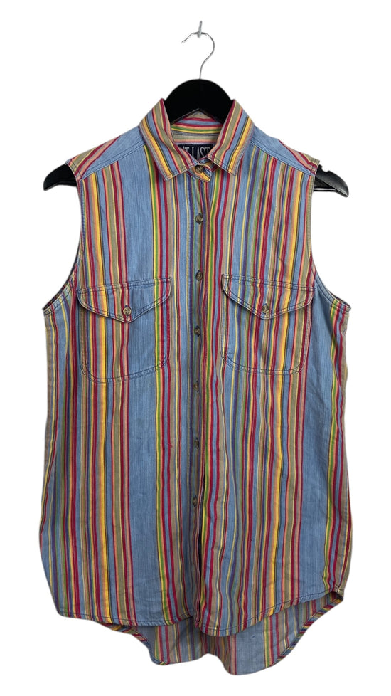 VTG Rainbow Striped Denim Long Vest Sz M