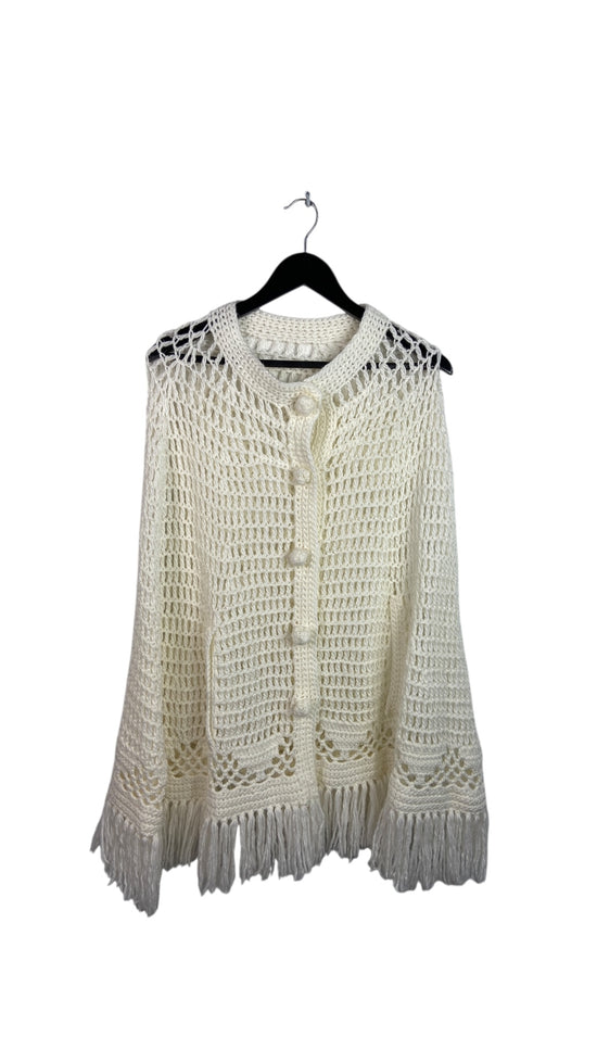 VTG White Crochet Fringe Poncho Sz Wmns L