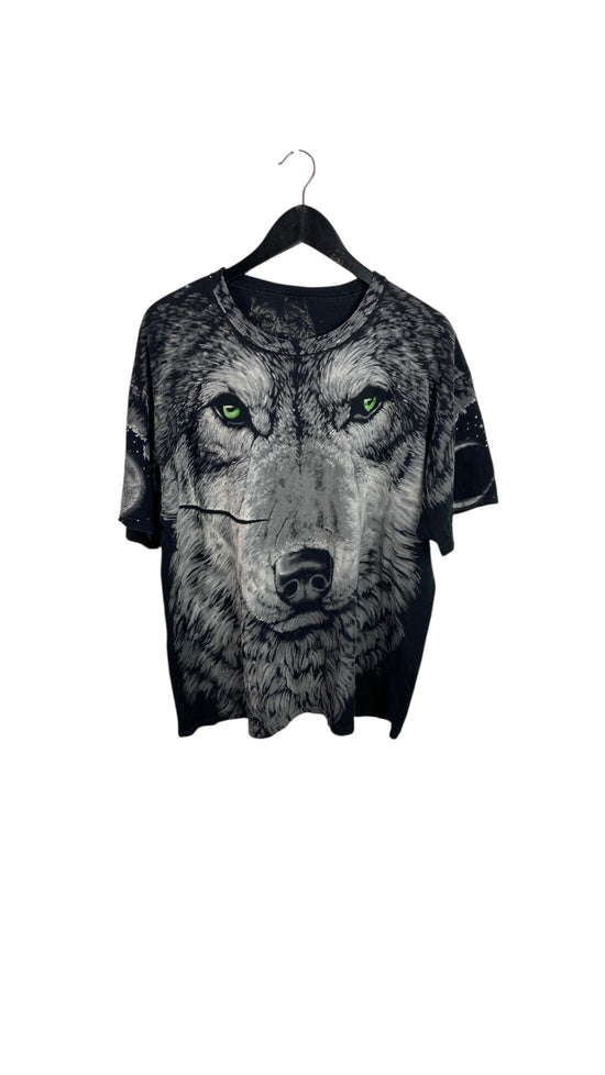 Y2K Liquid Blue Wolf All Over Print Tee Sz XL