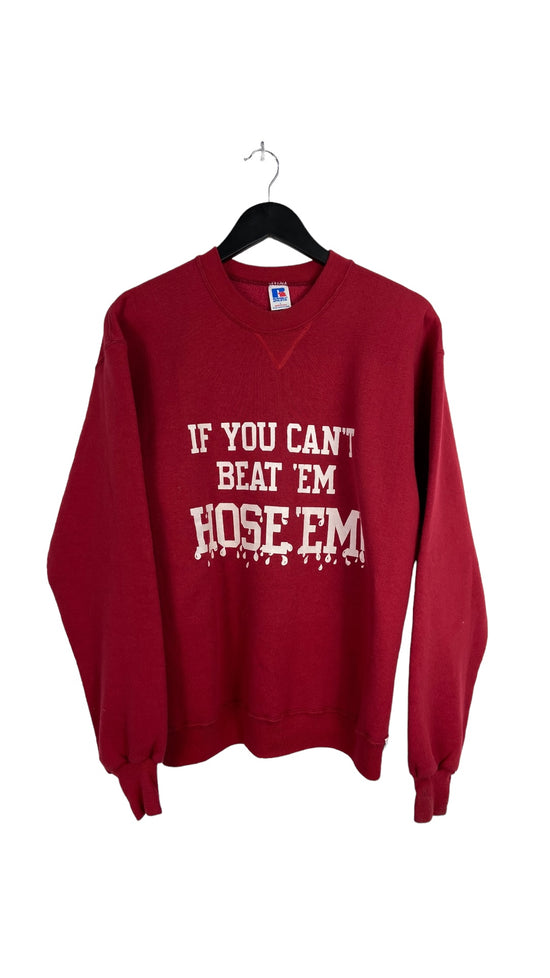 VTG Russel "If You Cant Beat Em Hose Em" Red Crewneck Sz L