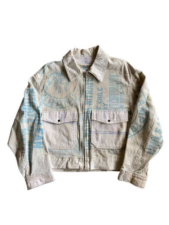 Reworked Cream Light Blue Bulldog Feed Sack Jacket by david turner Size L
