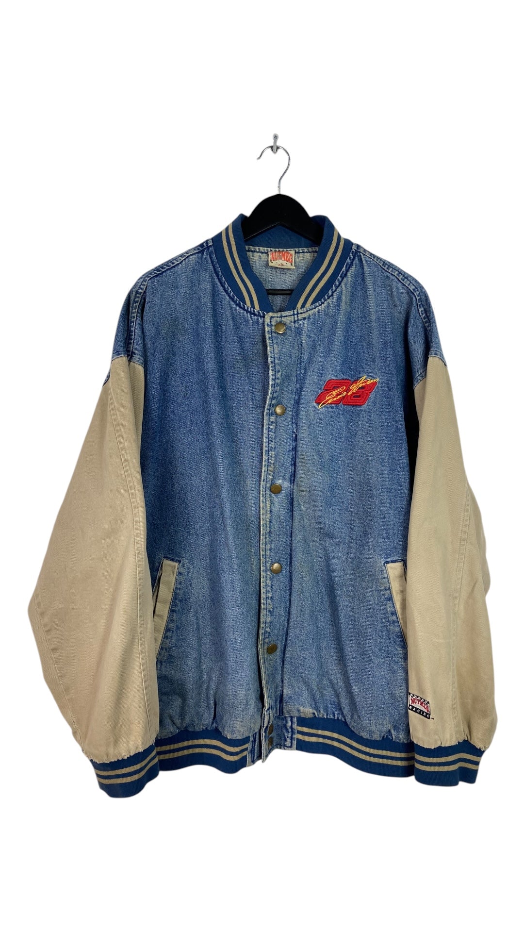 VTG Ernie Irvan #28 NASCAR Denim Nutmeg Varsity Jacket Sz XXL