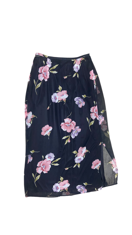 VTG Black/Pink Floral Flowy Long Skirt Sz 10