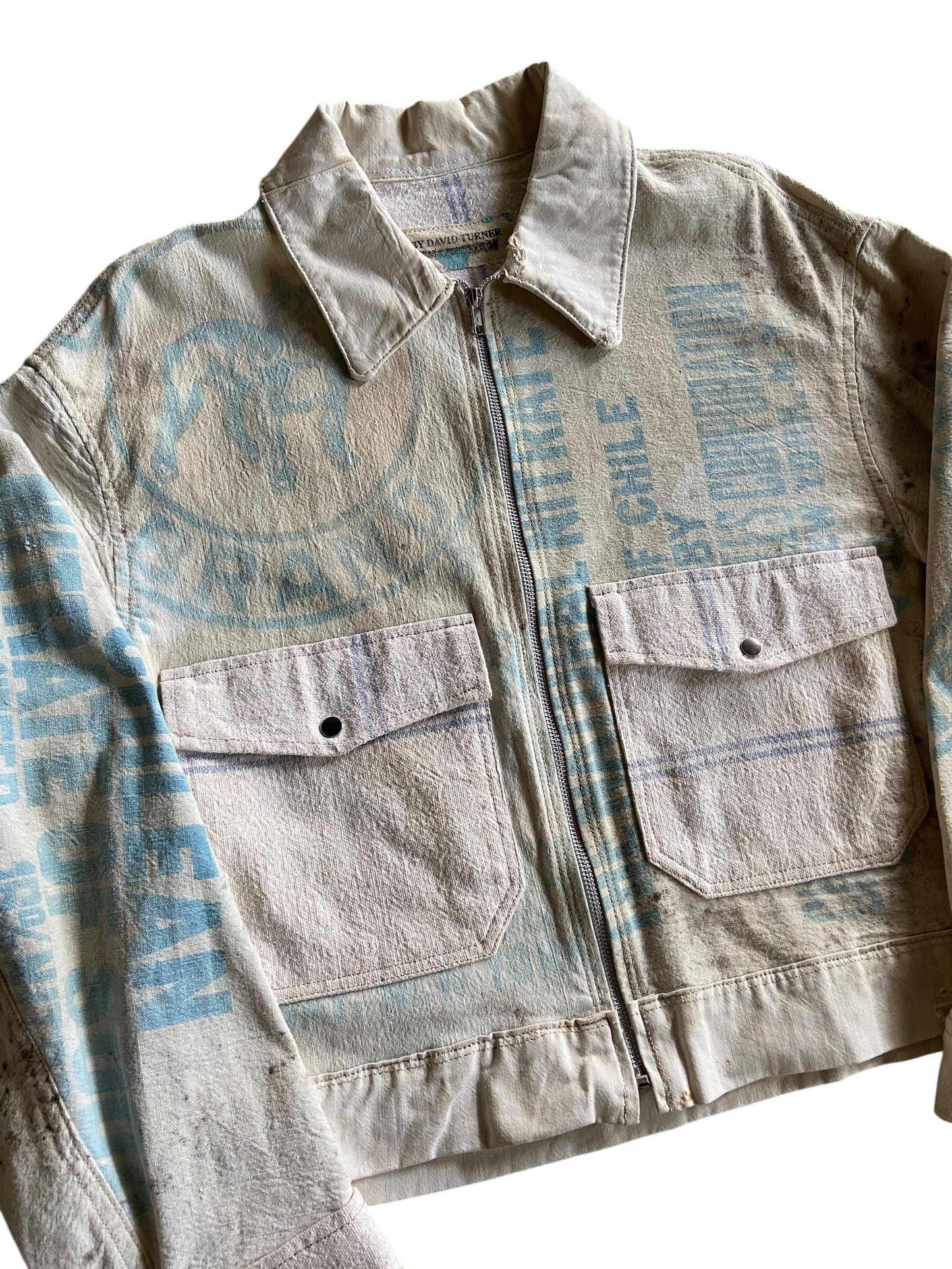 Reworked Cream Light Blue Bulldog Feed Sack Jacket by david turner Size L