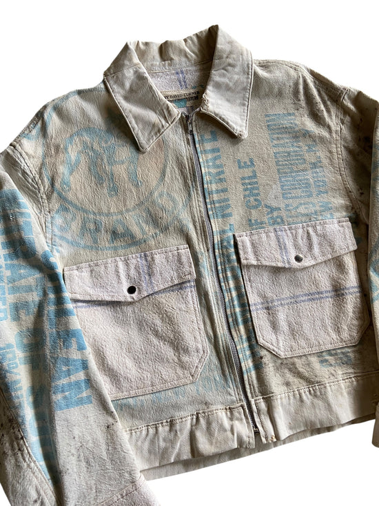Reworked Cream Light Blue Bulldog Feed Sack Jacket by david turner Size L