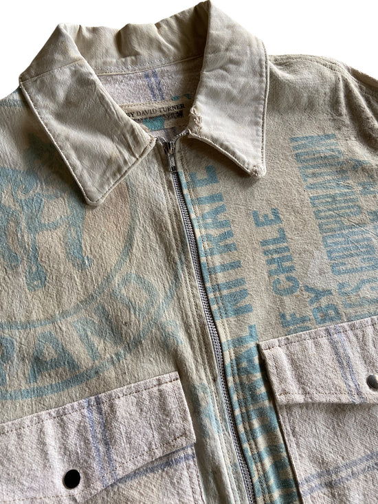 Reworked Cream Light Blue Bulldog Feed Sack Jacket by david turner Size L