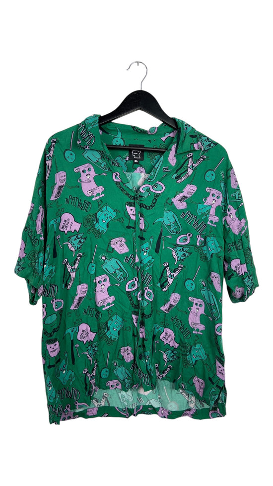 Brain Dead Caricatures Green Button Up Shirt Sz XL