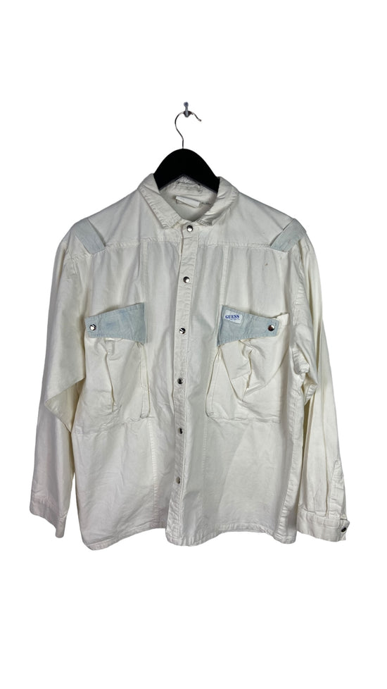 VTG Guess White/Blue Button Up shirt Sz M